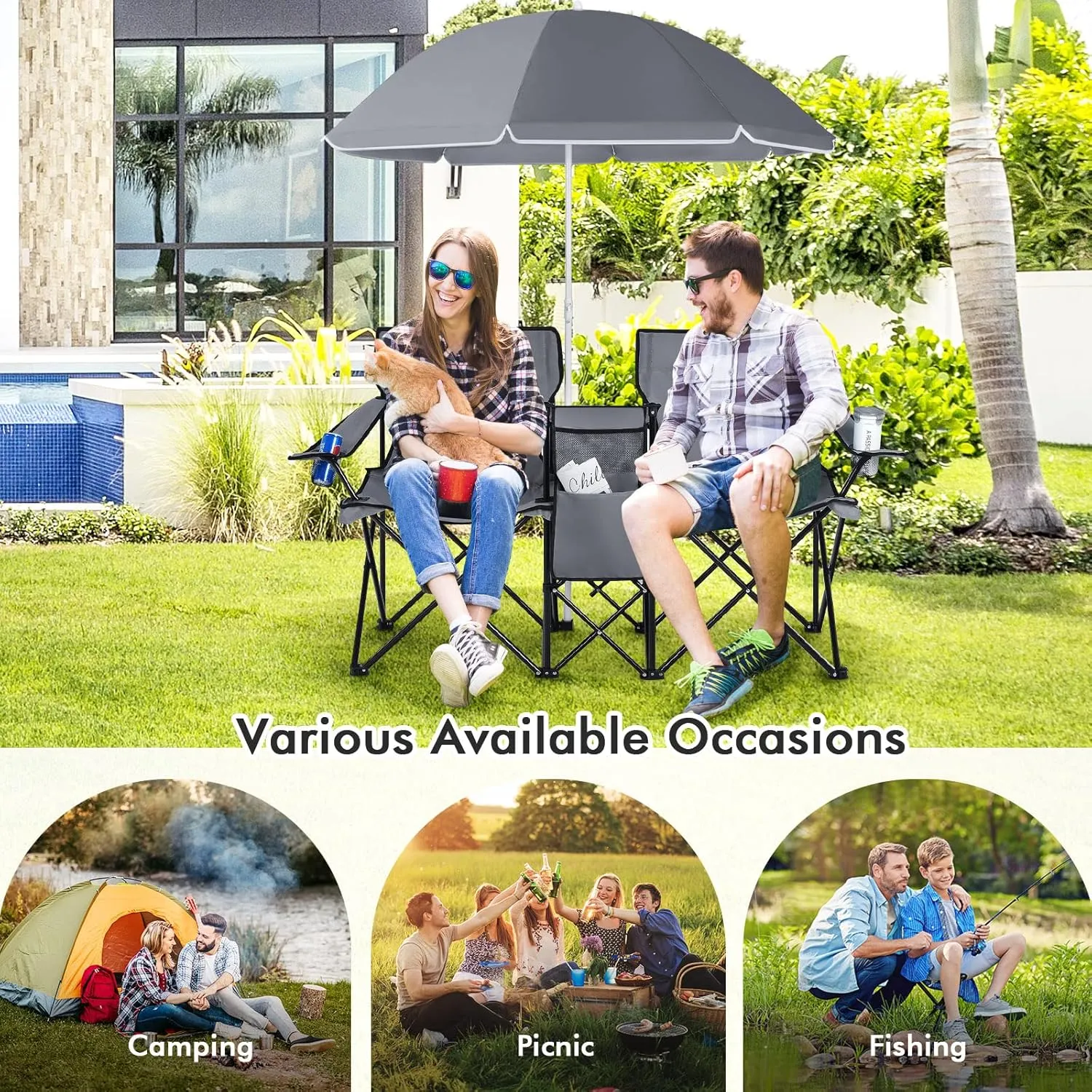 MAT EXPERT Folding Double Camp Chair w/Removable Umbrella, Portable Picnic Chair w/Mini Table, Chair Set w/Beverage Holder, Portable Loveseat Camp Chairs for Beach, Backyard, Poolside (Gray)