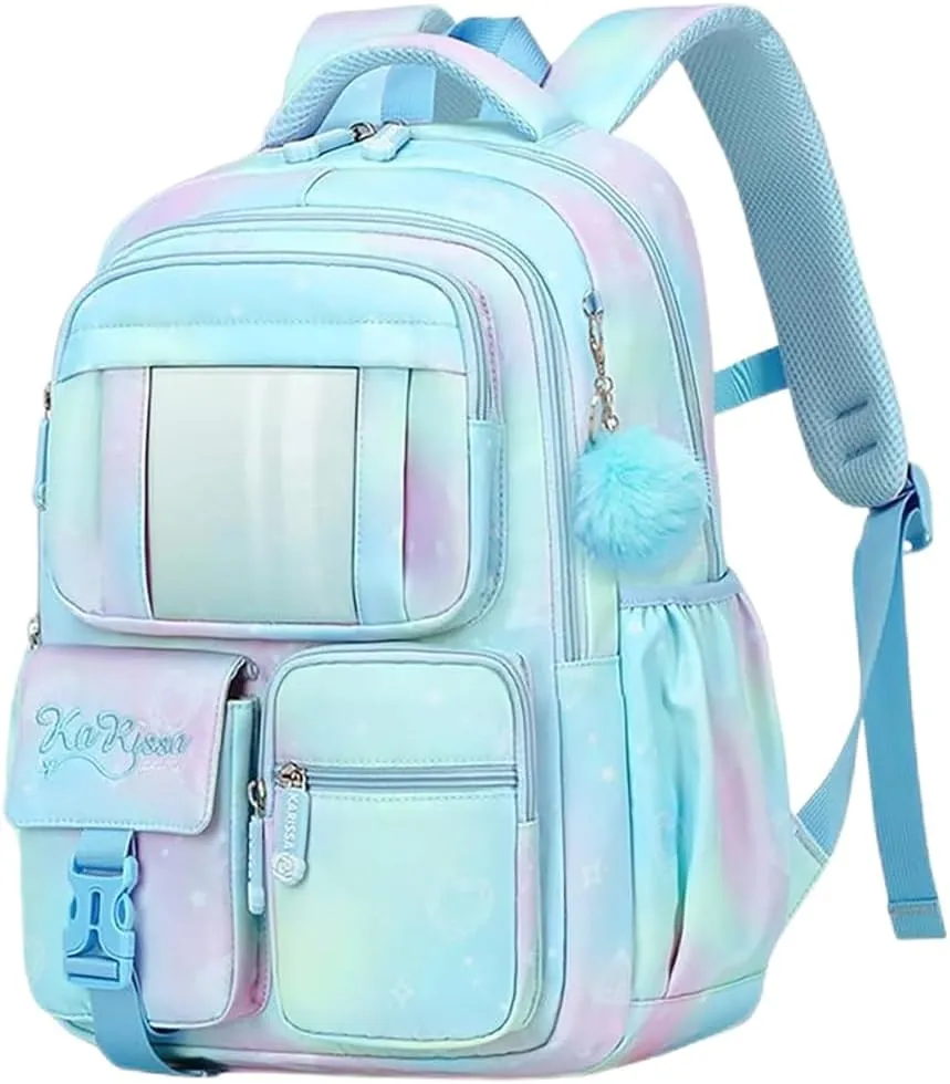 MATMO Multi-Pocket Girls Boys School Backpack Kids Student Bookbag Travel Daypack (Blue)