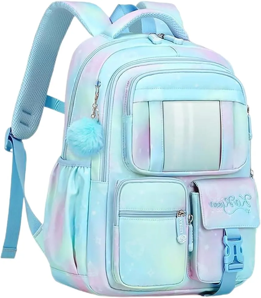 MATMO Multi-Pocket Girls Boys School Backpack Kids Student Bookbag Travel Daypack (Blue)