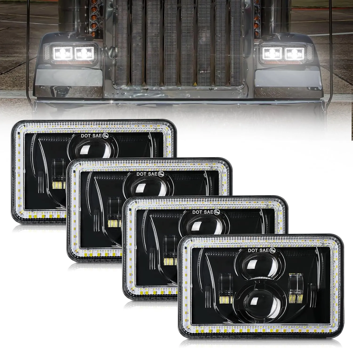 MAYELLO 4Pcs 4x6 LED Headlights DOT 60W Hi/Lo Sealed Beam Headlights Compatible with Peterbilt 379 Kenworth T800 T600 Freightinger Ford Probe Chevy Oldsmobile Cutlass H4651 H4652 H4656 H4666 H6545