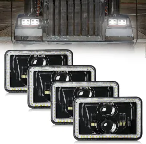 MAYELLO 4Pcs 4x6 LED Headlights DOT 60W Hi/Lo Sealed Beam Headlights Compatible with Peterbilt 379 Kenworth T800 T600 Freightinger Ford Probe Chevy Oldsmobile Cutlass H4651 H4652 H4656 H4666 H6545
