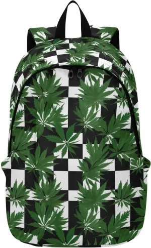 MCHIVER Travel Backpack Green Lleaf Checkerboard Casual Daypack Backpacks Lightweight Carry on Bag Water Resistant Hiking Backpack for Women and Men
