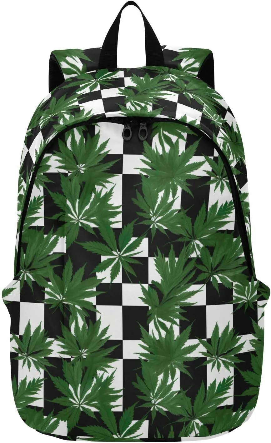 MCHIVER Travel Backpack Green Lleaf Checkerboard Casual Daypack Backpacks Lightweight Carry on Bag Water Resistant Hiking Backpack for Women and Men