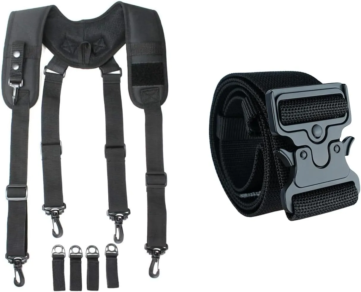 MELOTOUGH Tactical Duty Belt Harness Padded Adjustable Tool Belt Suspenders with Key Chin and Patch, Black   2" Nylon Web Work Tool Belt for Men with Heavy Duty Quick Release Rugged Metal Buckle