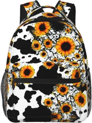 Men & Women Lightweight 80S Vintage Sunflower Cow Print Casual Daypack Large Capacity Bookbag With Adjustable Shoulder Straps for Gym Business Bicycle