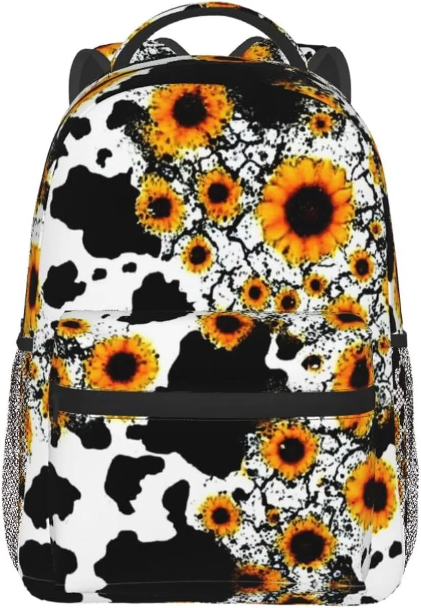 Men & Women Lightweight 80S Vintage Sunflower Cow Print Casual Daypack Large Capacity Bookbag With Adjustable Shoulder Straps for Gym Business Bicycle