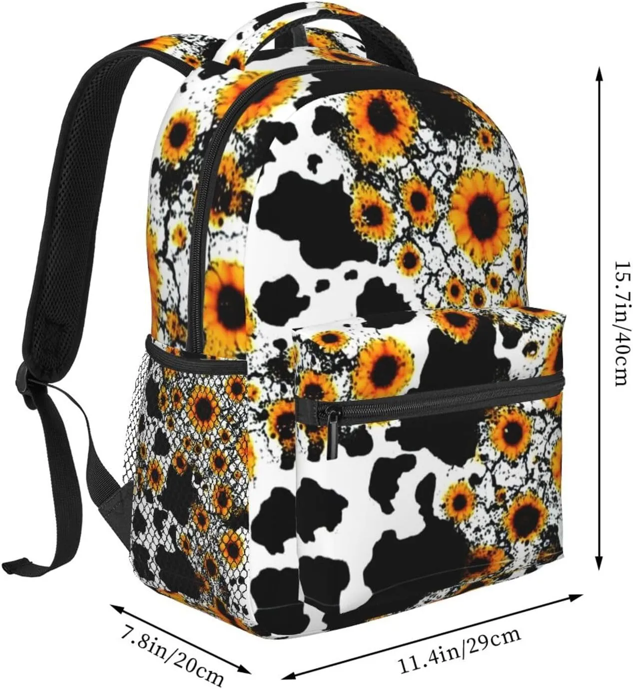 Men & Women Lightweight 80S Vintage Sunflower Cow Print Casual Daypack Large Capacity Bookbag With Adjustable Shoulder Straps for Gym Business Bicycle