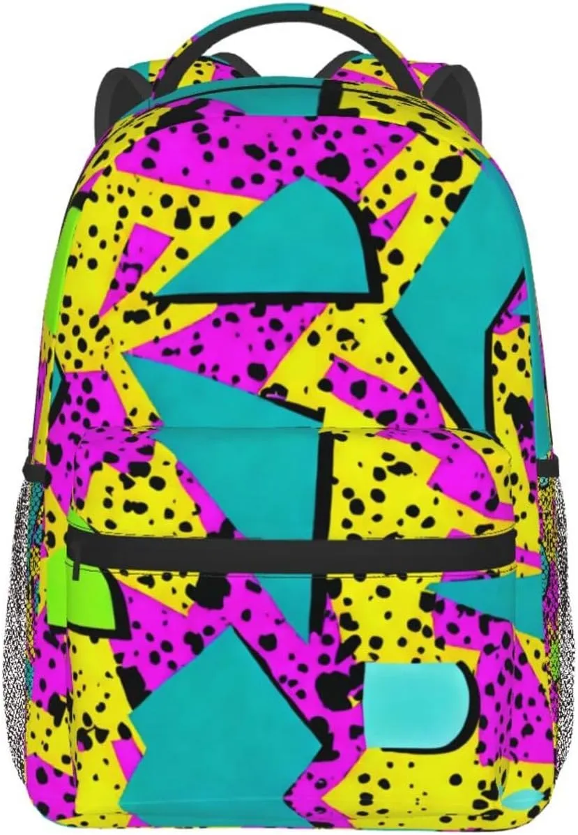 Men Women Lightweight 80S 90S Fashion Style Geometric Colorful Art Backpack Large Capacity Bookbag With Smooth Zippers for Gym Business Running