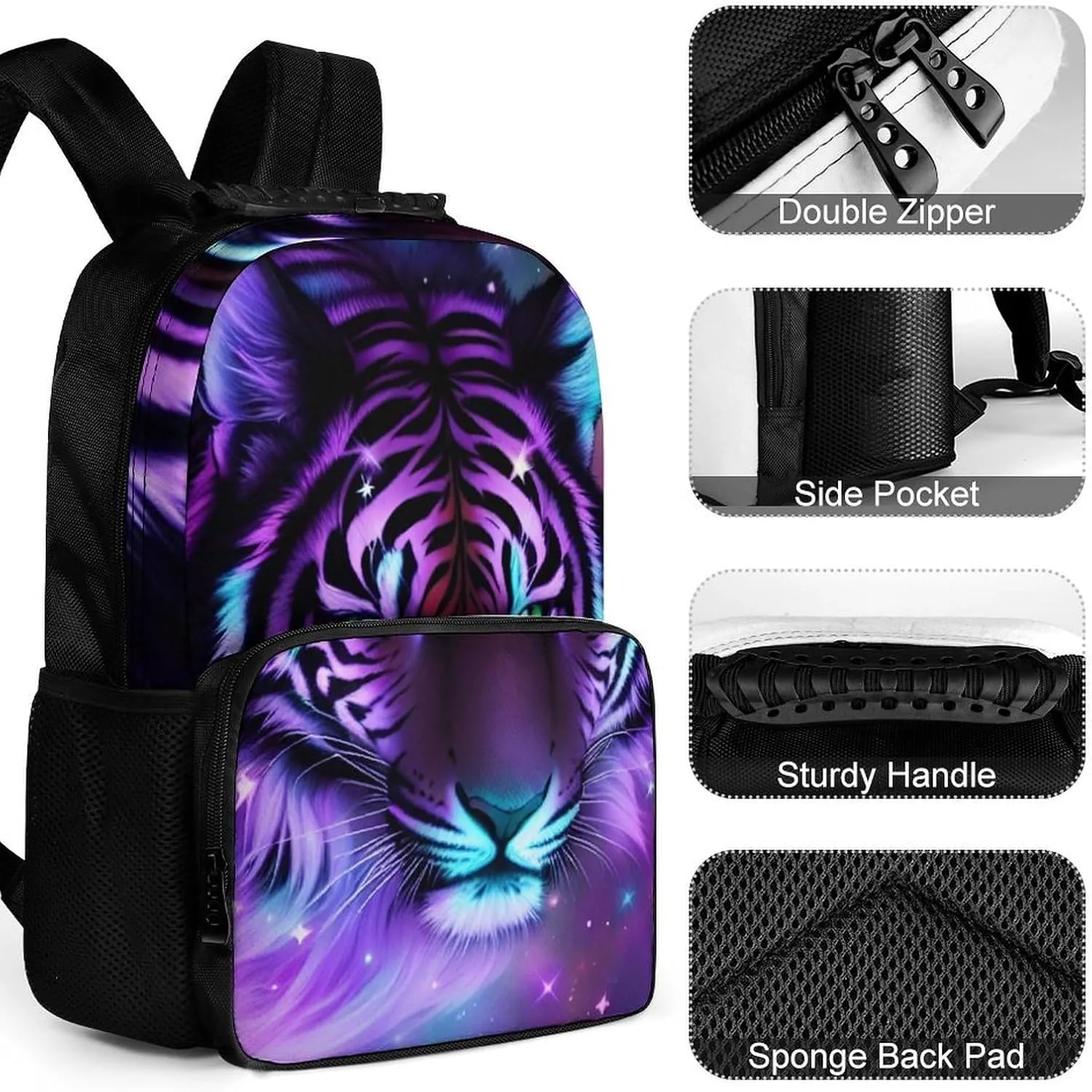 Men Women Lightweight Mystic Fantasy Galaxy Sky Fantasy Tiger Wild Animals Boho Style Daypack Bookbag Big Capacity Carry On Bag With Side Pockets for Camping Travel Bicycle