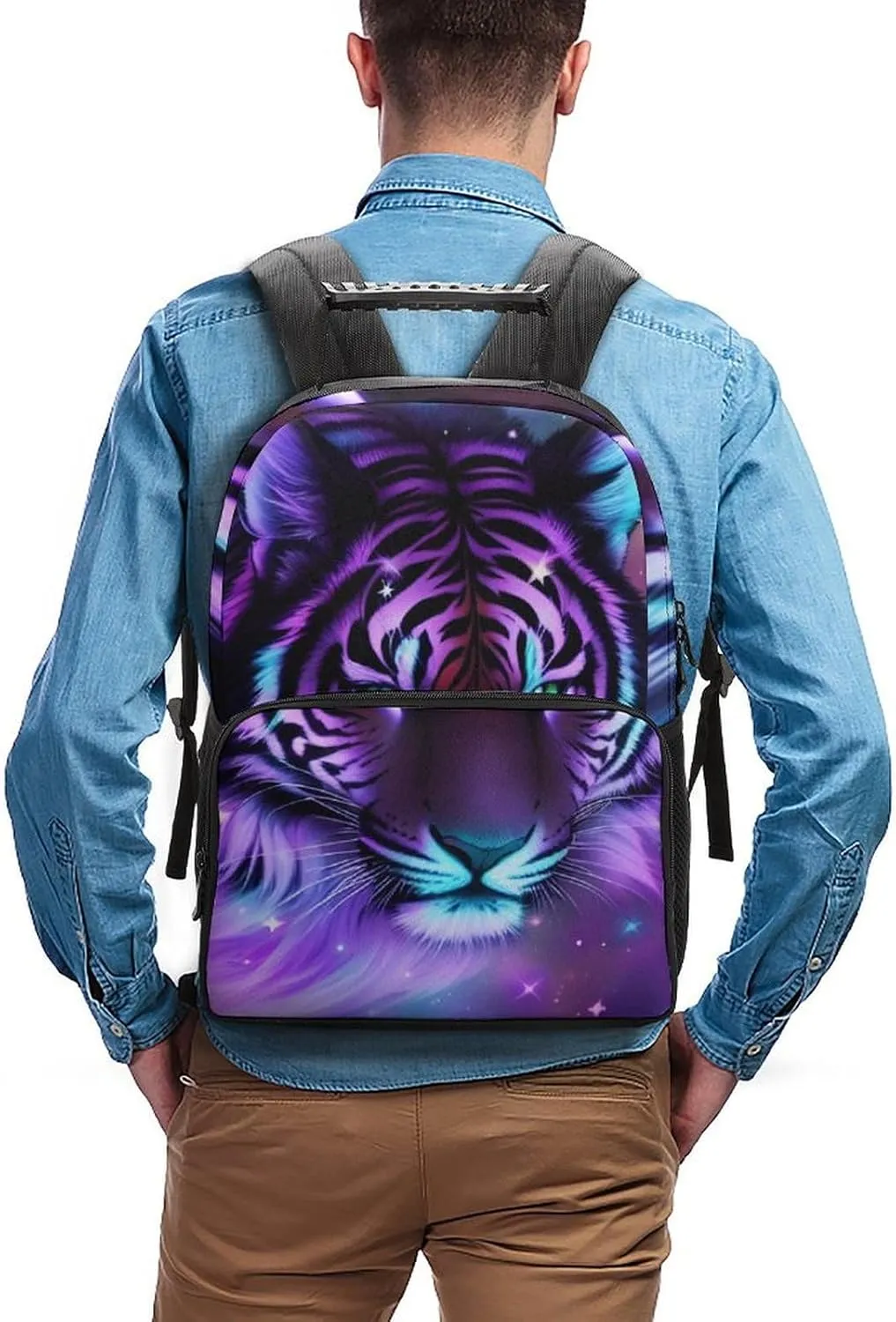 Men Women Lightweight Mystic Fantasy Galaxy Sky Fantasy Tiger Wild Animals Boho Style Daypack Bookbag Big Capacity Carry On Bag With Side Pockets for Camping Travel Bicycle