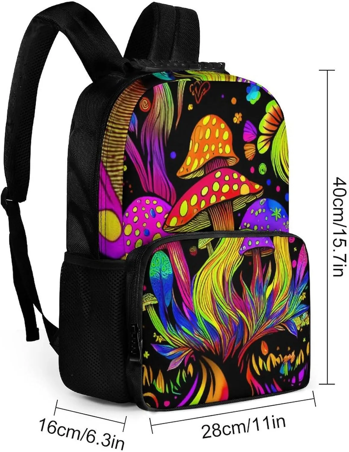 Men Women Lightweight Psychedelic Mushroom Trippy Magic Art Daypack Bookbag Big Capacity Carry On Bag With Side Pockets for Camping Travel Bicycle
