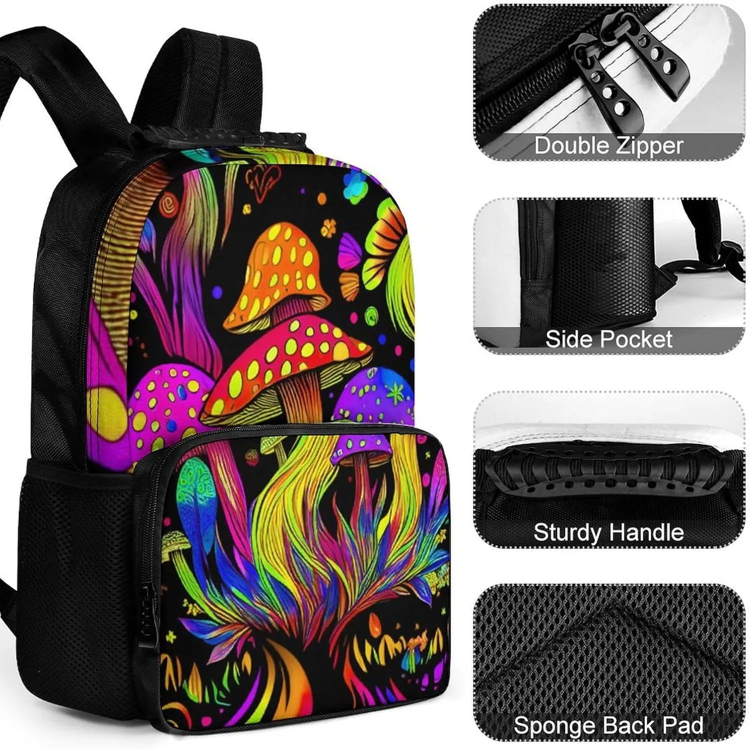 Men Women Lightweight Psychedelic Mushroom Trippy Magic Art Daypack Bookbag Big Capacity Carry On Bag With Side Pockets for Camping Travel Bicycle