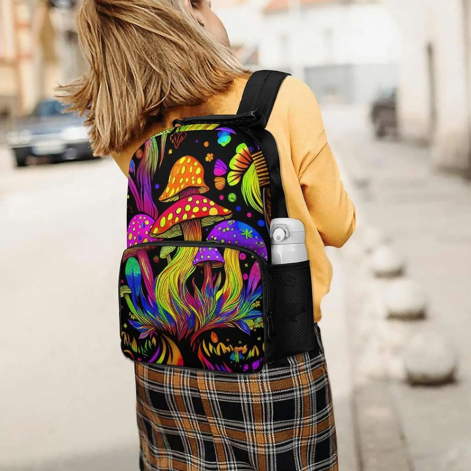 Men Women Lightweight Psychedelic Mushroom Trippy Magic Art Daypack Bookbag Big Capacity Carry On Bag With Side Pockets for Camping Travel Bicycle
