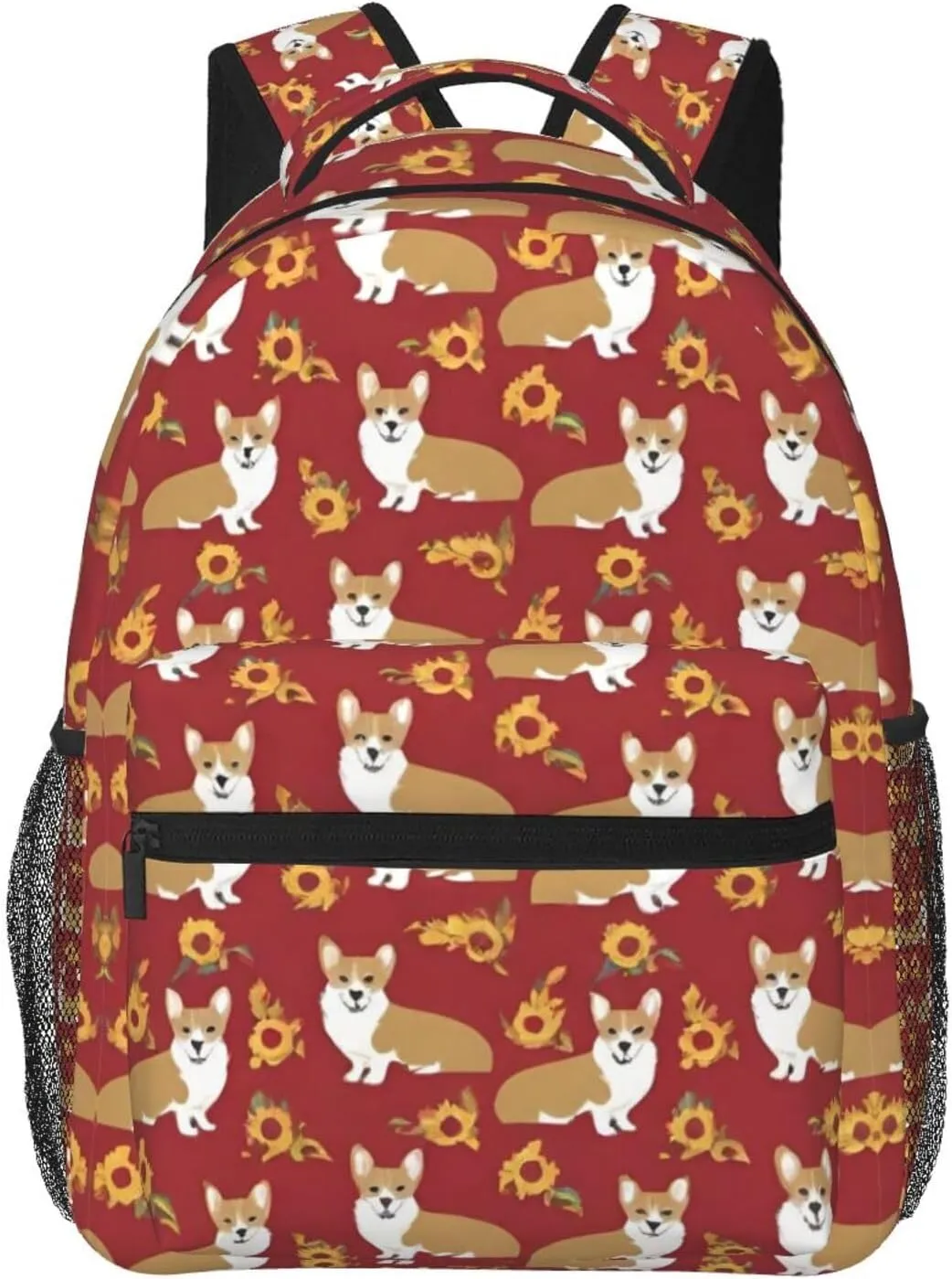 Men Women Polyester Corgi Cute Dogs Flower Art Daypack Big Capacity Shoulder Bag With Adjustable Shoulder Straps for Camping Travel Walking Cycling