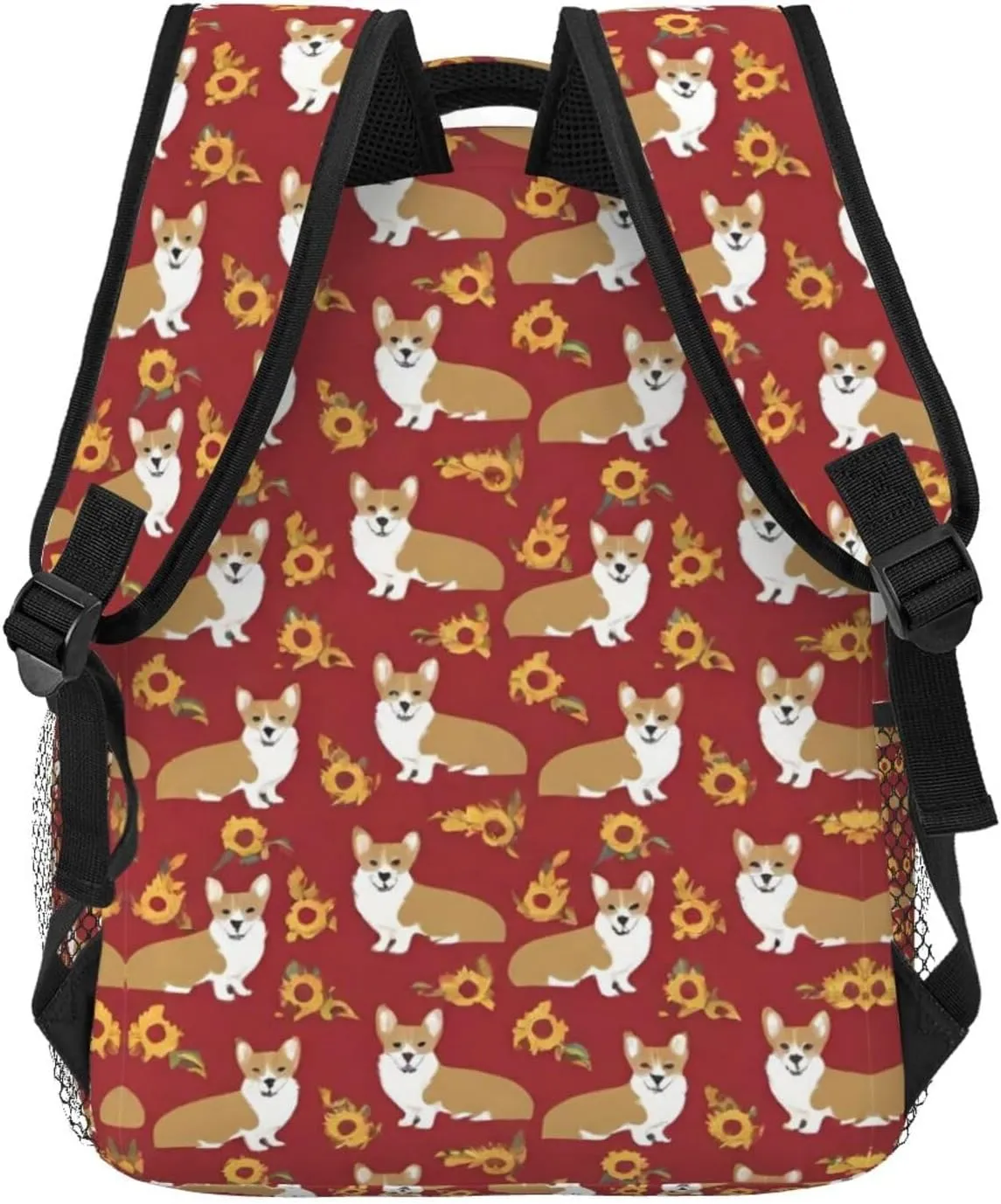 Men Women Polyester Corgi Cute Dogs Flower Art Daypack Big Capacity Shoulder Bag With Adjustable Shoulder Straps for Camping Travel Walking Cycling