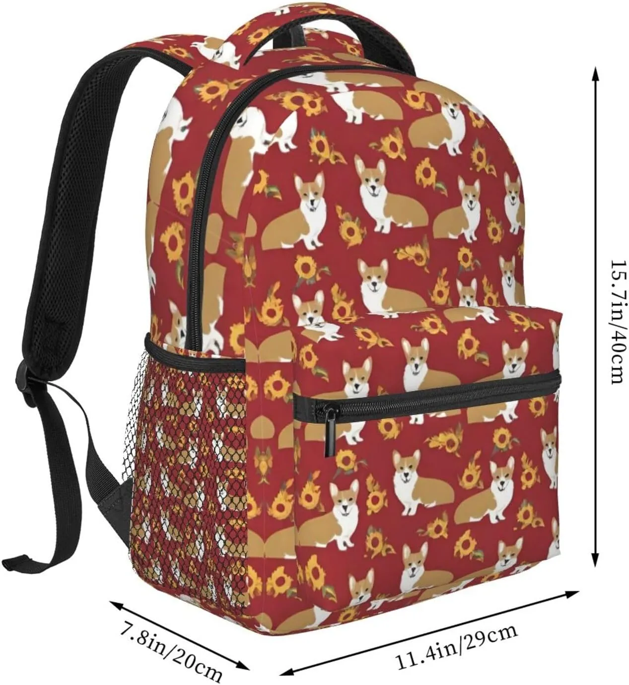 Men Women Polyester Corgi Cute Dogs Flower Art Daypack Big Capacity Shoulder Bag With Adjustable Shoulder Straps for Camping Travel Walking Cycling