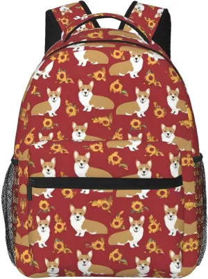Men Women Polyester Corgi Cute Dogs Flower Art Daypack Big Capacity Shoulder Bag With Adjustable Shoulder Straps for Camping Travel Walking Cycling
