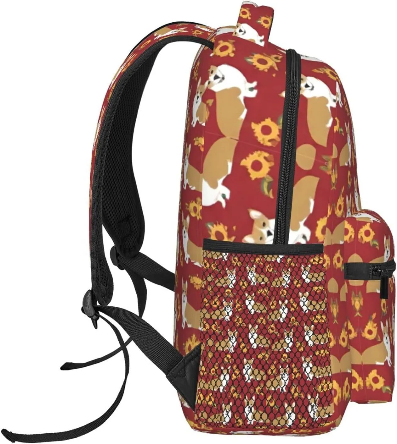 Men Women Polyester Corgi Cute Dogs Flower Art Daypack Big Capacity Shoulder Bag With Adjustable Shoulder Straps for Camping Travel Walking Cycling