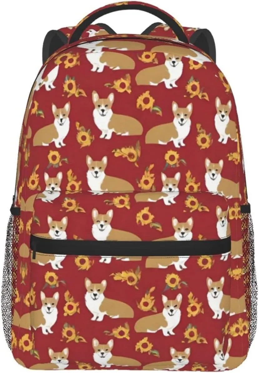 Men Women Polyester Corgi Cute Dogs Flower Art Daypack Big Capacity Shoulder Bag With Adjustable Shoulder Straps for Camping Travel Walking Cycling