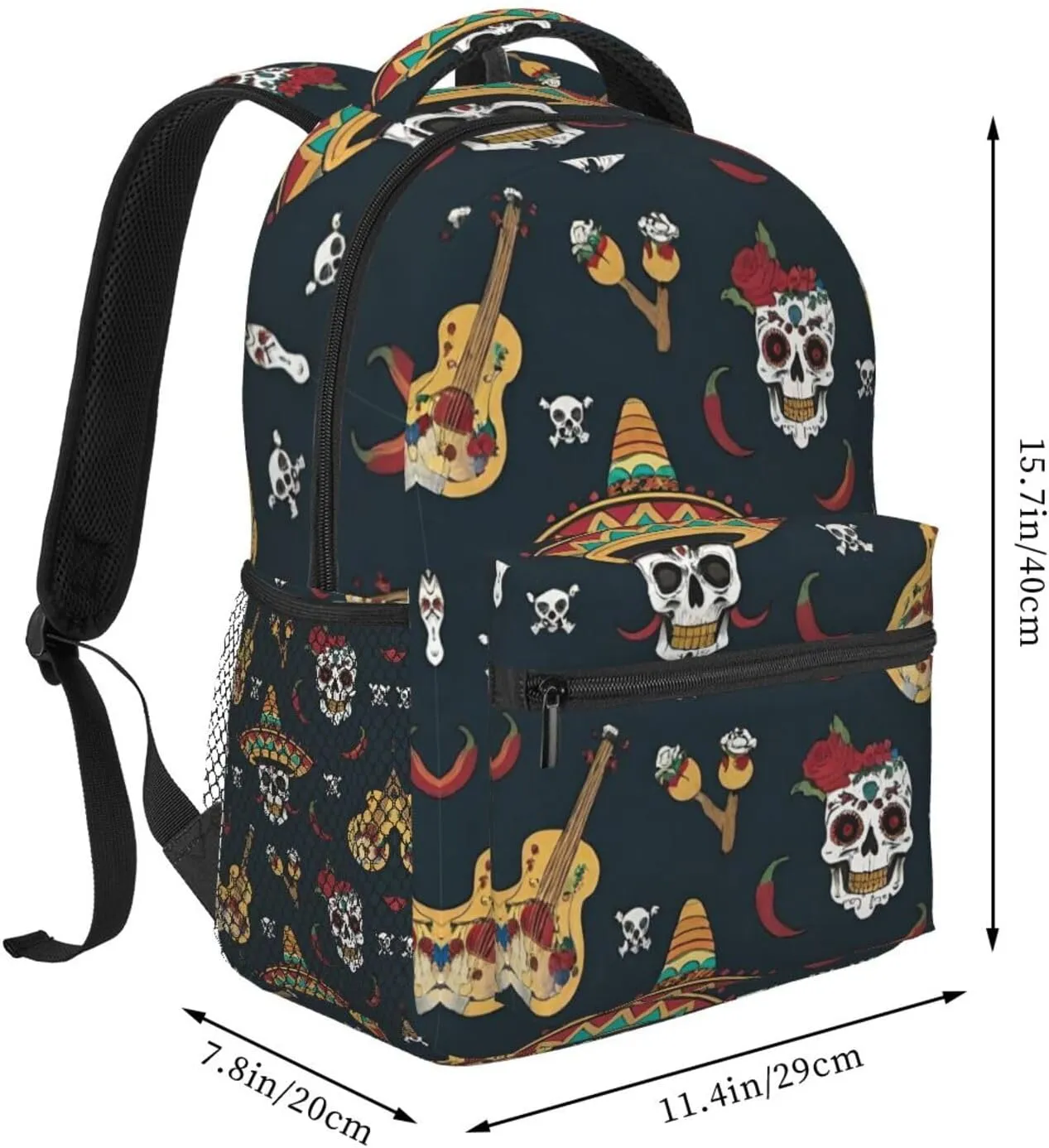 Men Women Polyester Guitar Pepper Sugar Skull Art Casual Daypack Large Capacity Carry On Bag With Adjustable Shoulder Straps for Camping Work Running