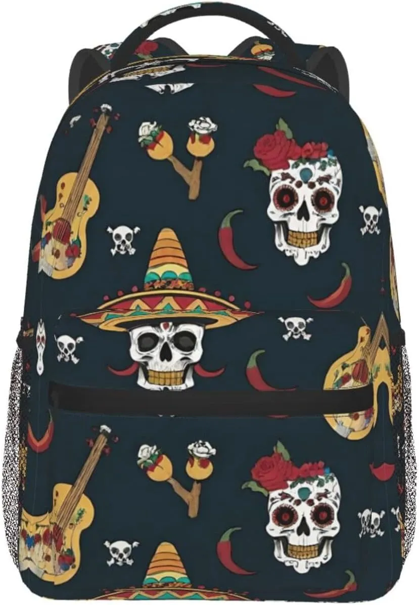 Men Women Polyester Guitar Pepper Sugar Skull Art Casual Daypack Large Capacity Carry On Bag With Adjustable Shoulder Straps for Camping Work Running
