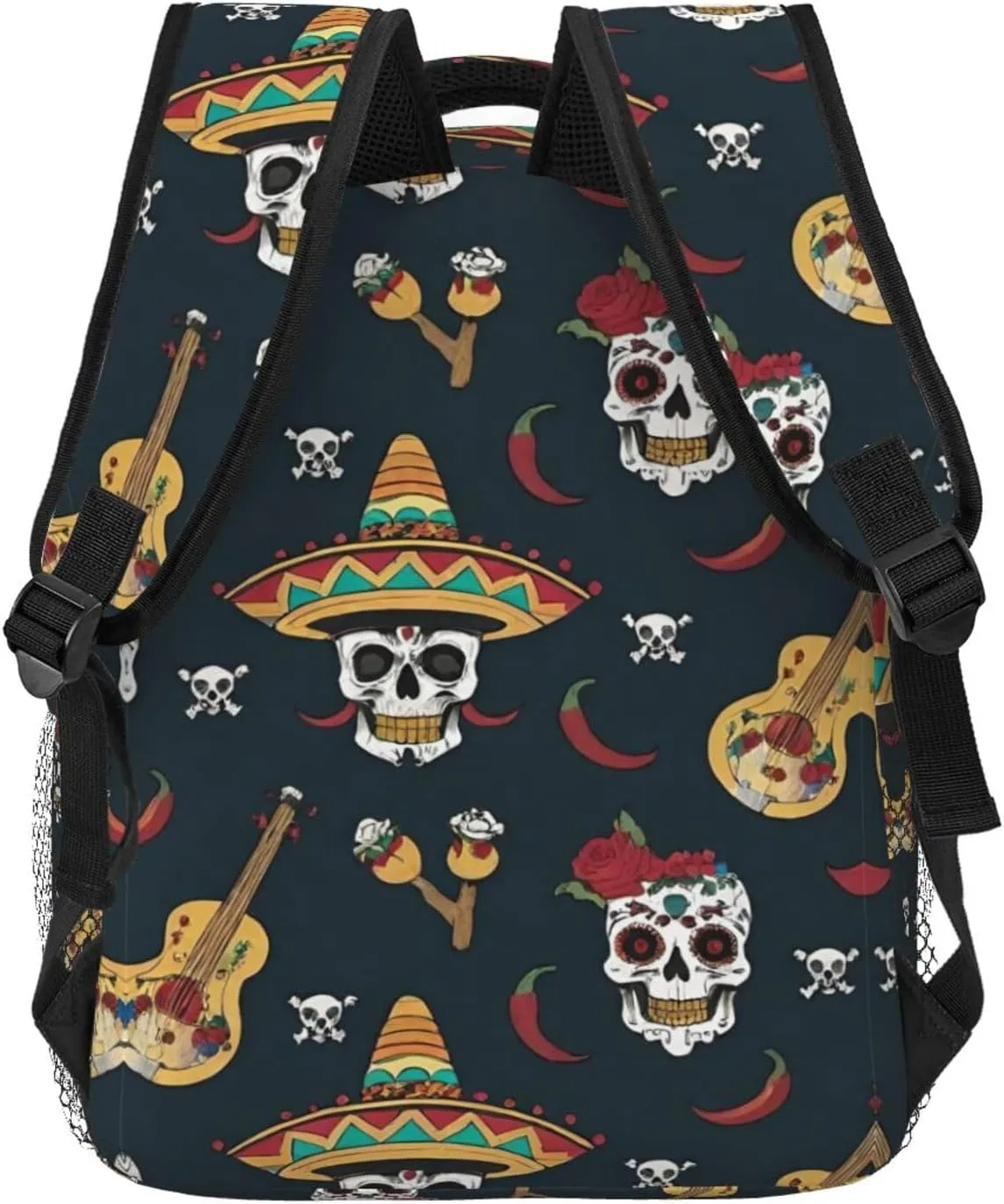 Men Women Polyester Guitar Pepper Sugar Skull Art Casual Daypack Large Capacity Carry On Bag With Adjustable Shoulder Straps for Camping Work Running
