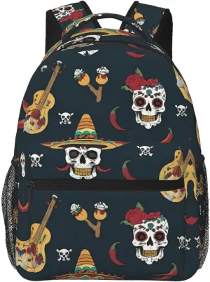 Men Women Polyester Guitar Pepper Sugar Skull Art Casual Daypack Large Capacity Carry On Bag With Adjustable Shoulder Straps for Camping Work Running