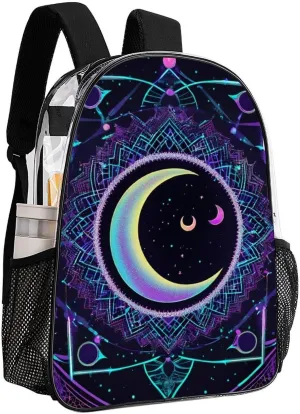 Men Women Transparent Sacred Geometric Symbol Purple Space Galaxy Stars Mystic Sun Moon Daypack Backpack Large Capacity Carry On Bag With Smooth Zippers for Hiking Picnic Walking Cycling