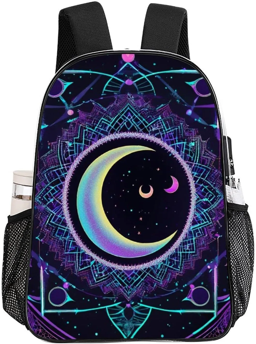 Men Women Transparent Sacred Geometric Symbol Purple Space Galaxy Stars Mystic Sun Moon Daypack Backpack Large Capacity Carry On Bag With Smooth Zippers for Hiking Picnic Walking Cycling