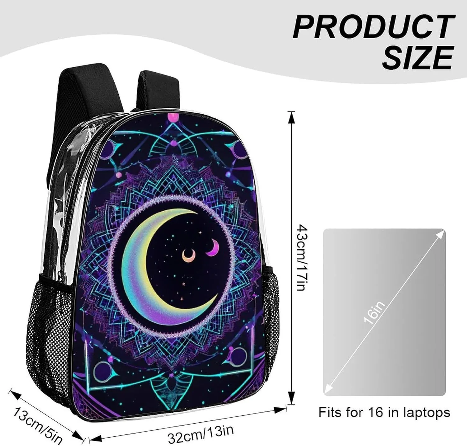 Men Women Transparent Sacred Geometric Symbol Purple Space Galaxy Stars Mystic Sun Moon Daypack Backpack Large Capacity Carry On Bag With Smooth Zippers for Hiking Picnic Walking Cycling