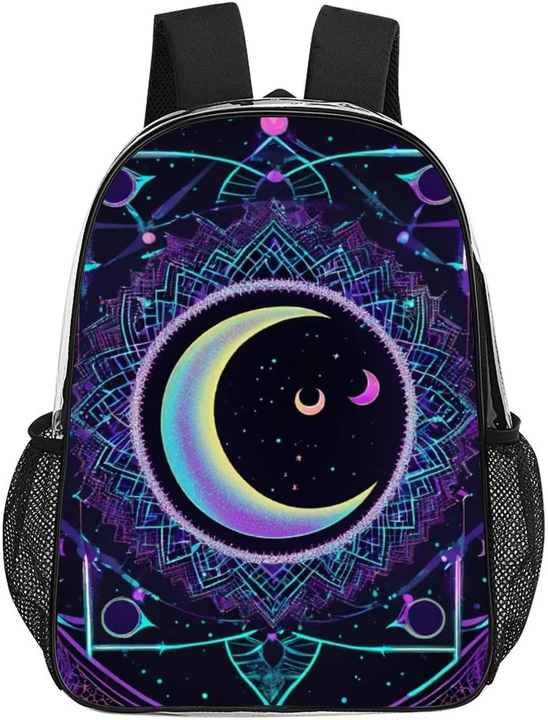 Men Women Transparent Sacred Geometric Symbol Purple Space Galaxy Stars Mystic Sun Moon Daypack Backpack Large Capacity Carry On Bag With Smooth Zippers for Hiking Picnic Walking Cycling