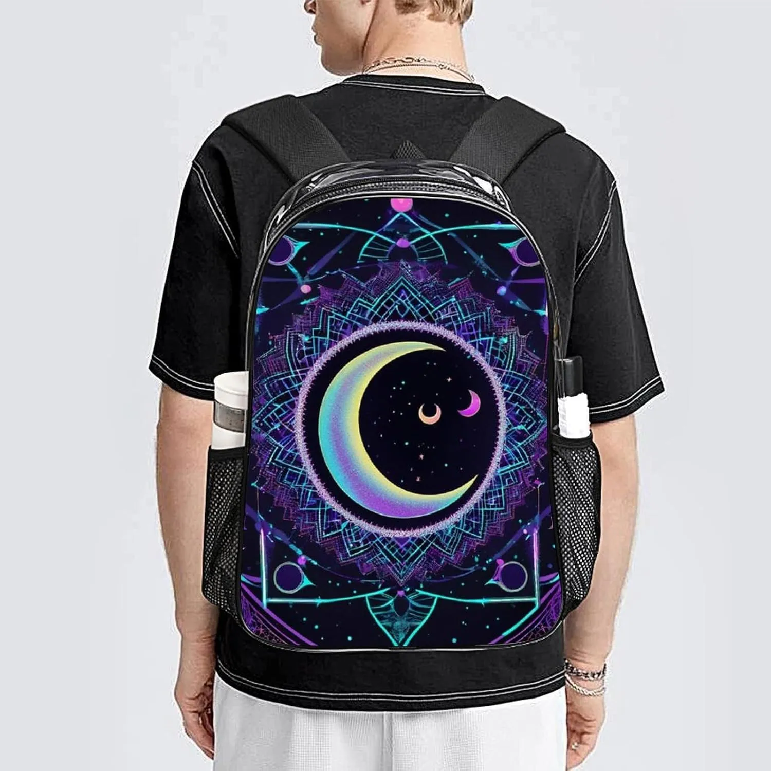 Men Women Transparent Sacred Geometric Symbol Purple Space Galaxy Stars Mystic Sun Moon Daypack Backpack Large Capacity Carry On Bag With Smooth Zippers for Hiking Picnic Walking Cycling