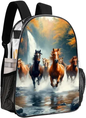 Men Women Transparent Wild Animal Horses Running In River Water Horse Casual Daypack Large Capacity Carry On Bag With Adjustable Shoulder Straps for Camping Work Running