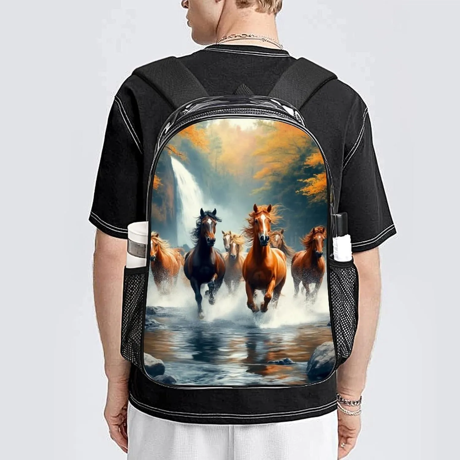 Men Women Transparent Wild Animal Horses Running In River Water Horse Casual Daypack Large Capacity Carry On Bag With Adjustable Shoulder Straps for Camping Work Running