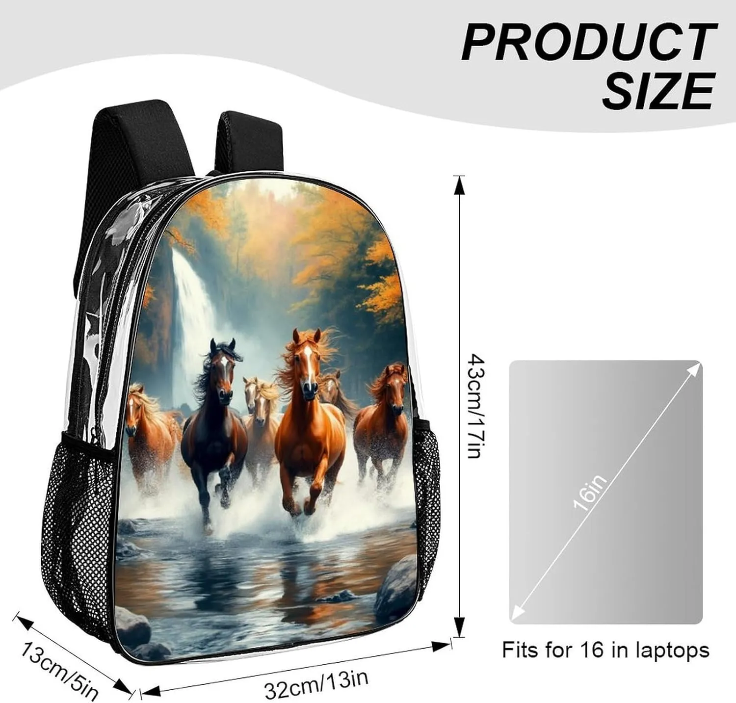 Men Women Transparent Wild Animal Horses Running In River Water Horse Casual Daypack Large Capacity Carry On Bag With Adjustable Shoulder Straps for Camping Work Running
