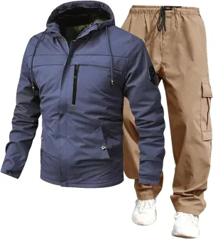 Mens Cargo Set Trendy Mountain Camp Waterproof Windproof Loose Sport Suits Zipper Long Sleeve Jacket Overalls Outfits