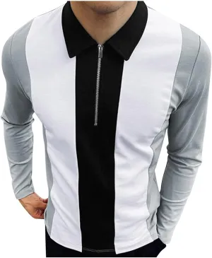 Men's Striped Polo Shirts Long Sleeve Slim Fit Zipper Collared Casual Summer T Shirts Fashion Designer Patchwork Tops Gray