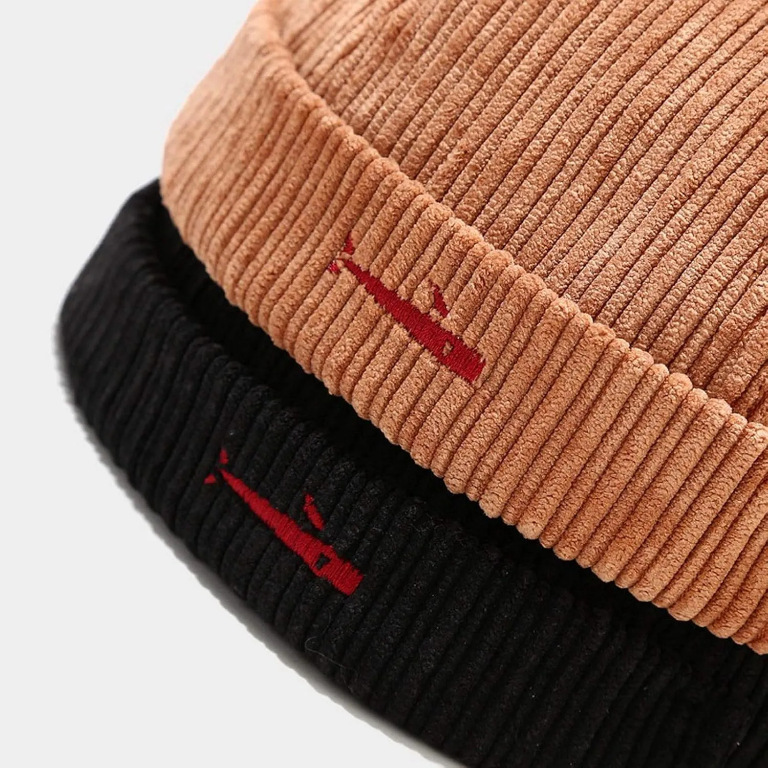 Mens Womens Fish Embroidery Corduroy Brimless Sailor Cap Rolled Cuff Retro Beanie Hat
