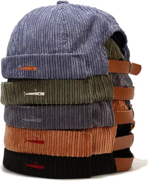 Mens Womens Fish Embroidery Corduroy Brimless Sailor Cap Rolled Cuff Retro Beanie Hat