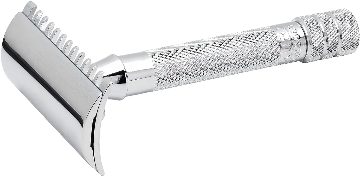 MERKUR 15C Double Edge Safety Razor in Bright Chrome with an Open Comb Design, Standard Handle, Made in Germany, Plastic-Free, Three-Piece Design, and Straight Bar