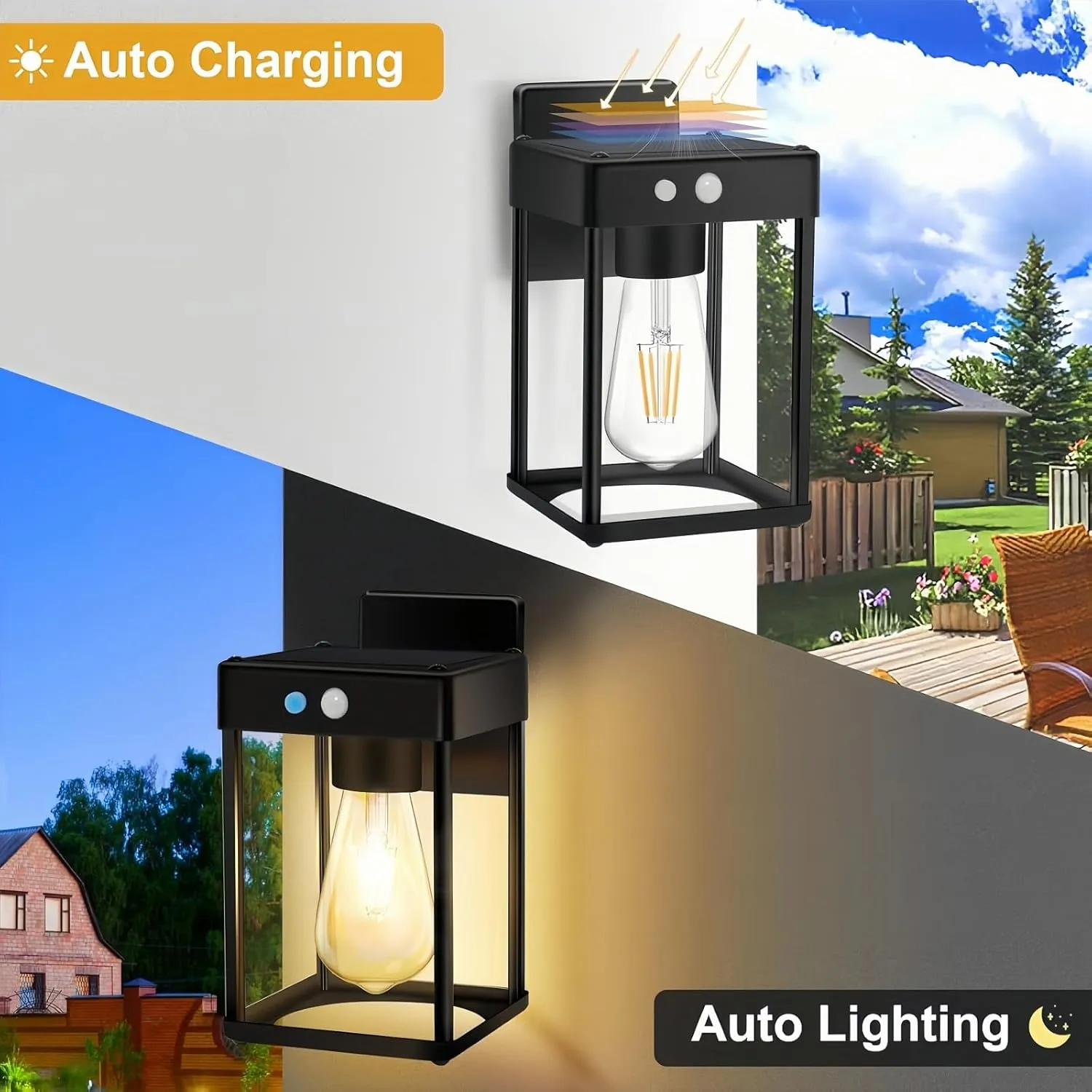 Metal Solar Wall Lights with Clear Glass Shade, Motion Sensor Dusk to Dawn Outdoor Lighting, Anti-Rust Waterproof Wall Lantern for House, Porch, Garage, Yard (1)