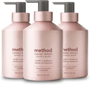 Method Gel Hand Soap, Vanilla   Raspberry, Reusable Pink Aluminum Bottle, Biodegradable Formula, 12 oz (Pack of 3)