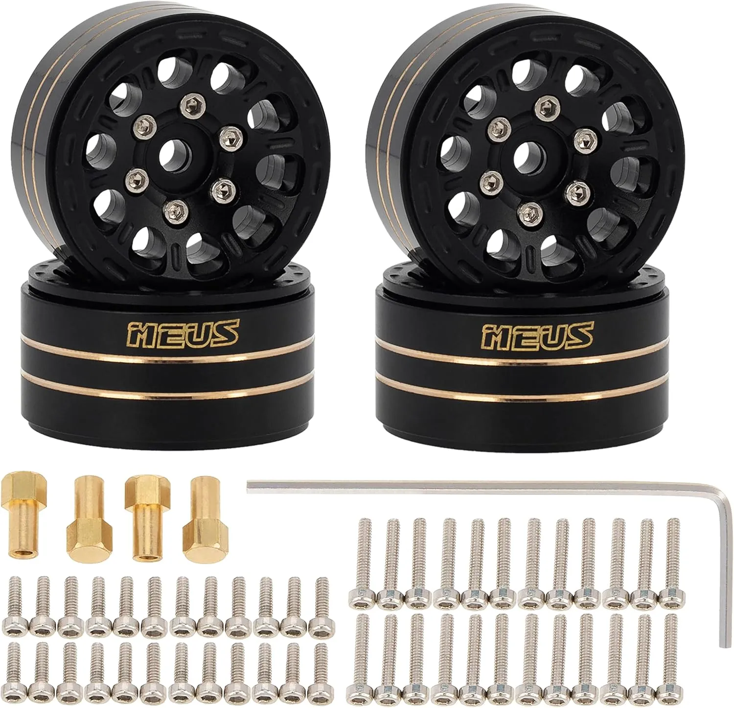 MEUS RACING 4Pcs 1.0 Beadlock Wheels Hub Rims w/Removable Thickened 4mm Hex Adapter for 1/18 TRX4M, Axial SCX24 Gladiator Bronco C10 JLU Deadbolt 1/24 RC Crawler Upgrades Part,Type C - Black