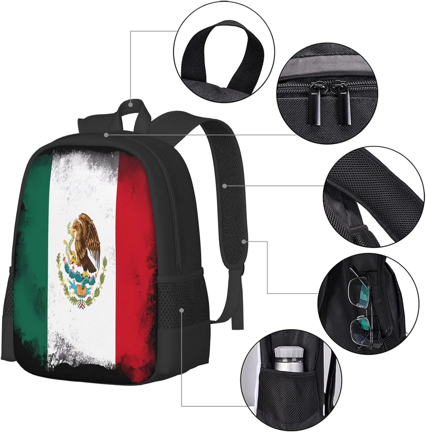 Mexico Mexican Eagle Flag Casual Backpacks Large Capacity Backpack Laptop Rucksack Sport Daypack Commuter Bags with Adjustable Strap for Traveling Camping