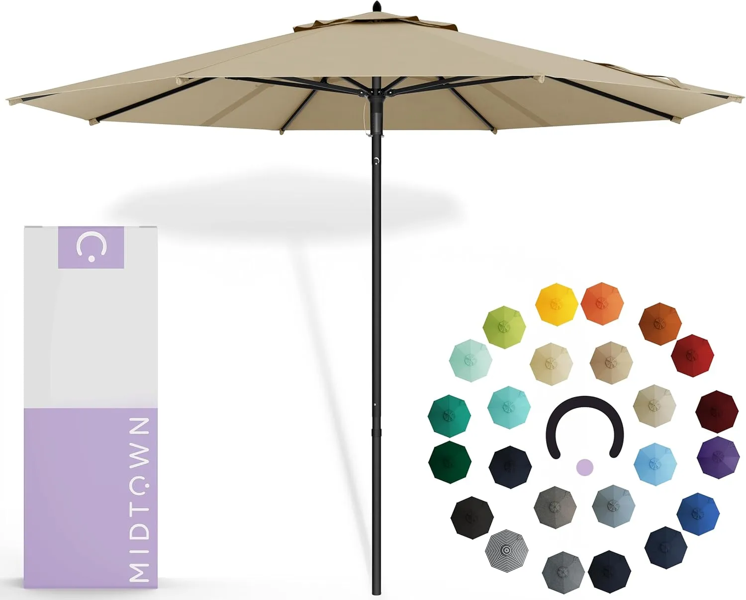 Midtown Umbrellas Push Pop Sunbrella Umbrella 8 Feet Outdoor Umbrella in Heather Tan Fabric - Patio Umbrella, Backyard Umbrella, Garden Umbrella, Picnic Table Umbrella & Pool Umbrella - Black Pole