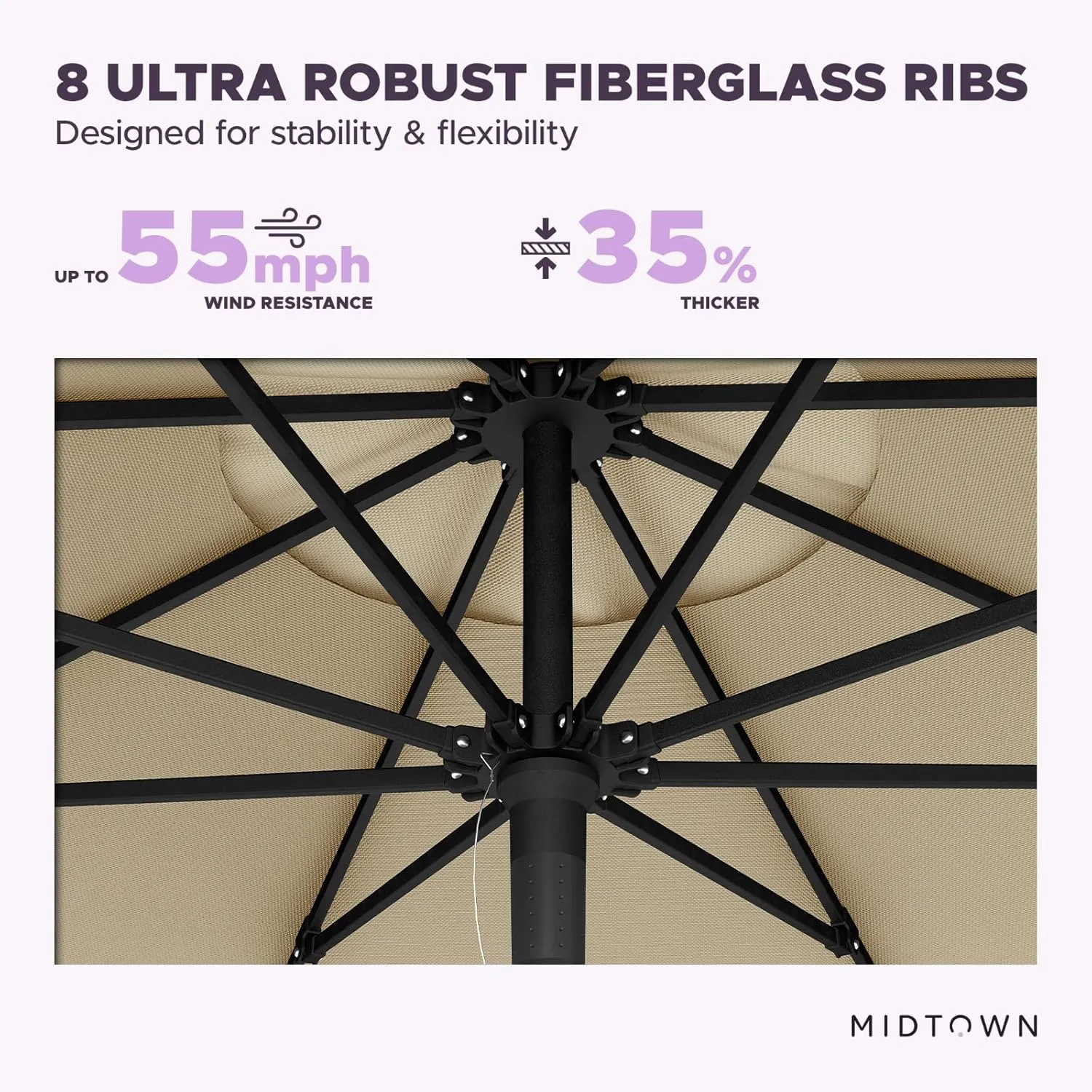 Midtown Umbrellas Push Pop Sunbrella Umbrella 8 Feet Outdoor Umbrella in Heather Tan Fabric - Patio Umbrella, Backyard Umbrella, Garden Umbrella, Picnic Table Umbrella & Pool Umbrella - Black Pole