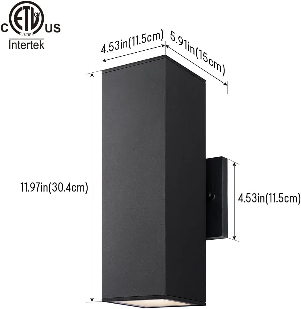 mirrea Modern Outdoor Porch Light Patio Light in 2 Lights with Aluminum Rectangular Tube and Tempered Glass Cover Waterproof Wall Sconce 2 Pack (Matte Black)