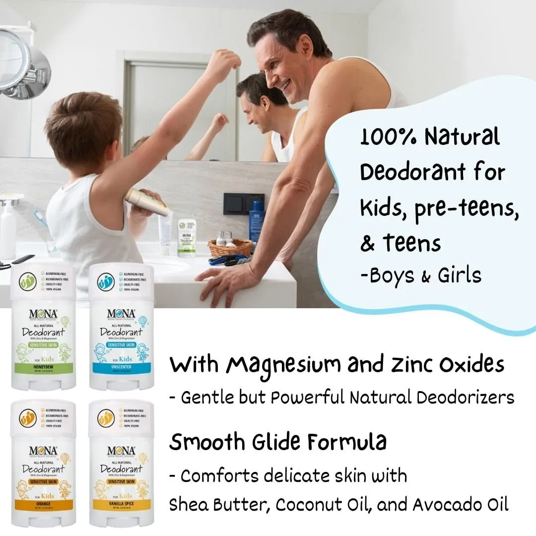 MONA Brands UNSCENTED All Natural Deodorant for Kids | Safe for Kids, Preteens, Teens, Boys and Girls | Baking Soda Free, Aluminum Free, Vegan (2-PK UNSCENTED 1.76 Oz each)