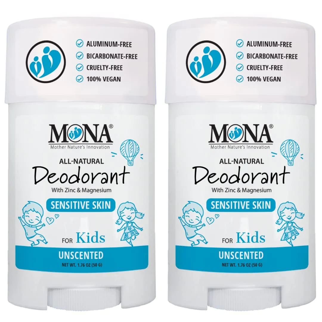 MONA Brands UNSCENTED All Natural Deodorant for Kids | Safe for Kids, Preteens, Teens, Boys and Girls | Baking Soda Free, Aluminum Free, Vegan (2-PK UNSCENTED 1.76 Oz each)