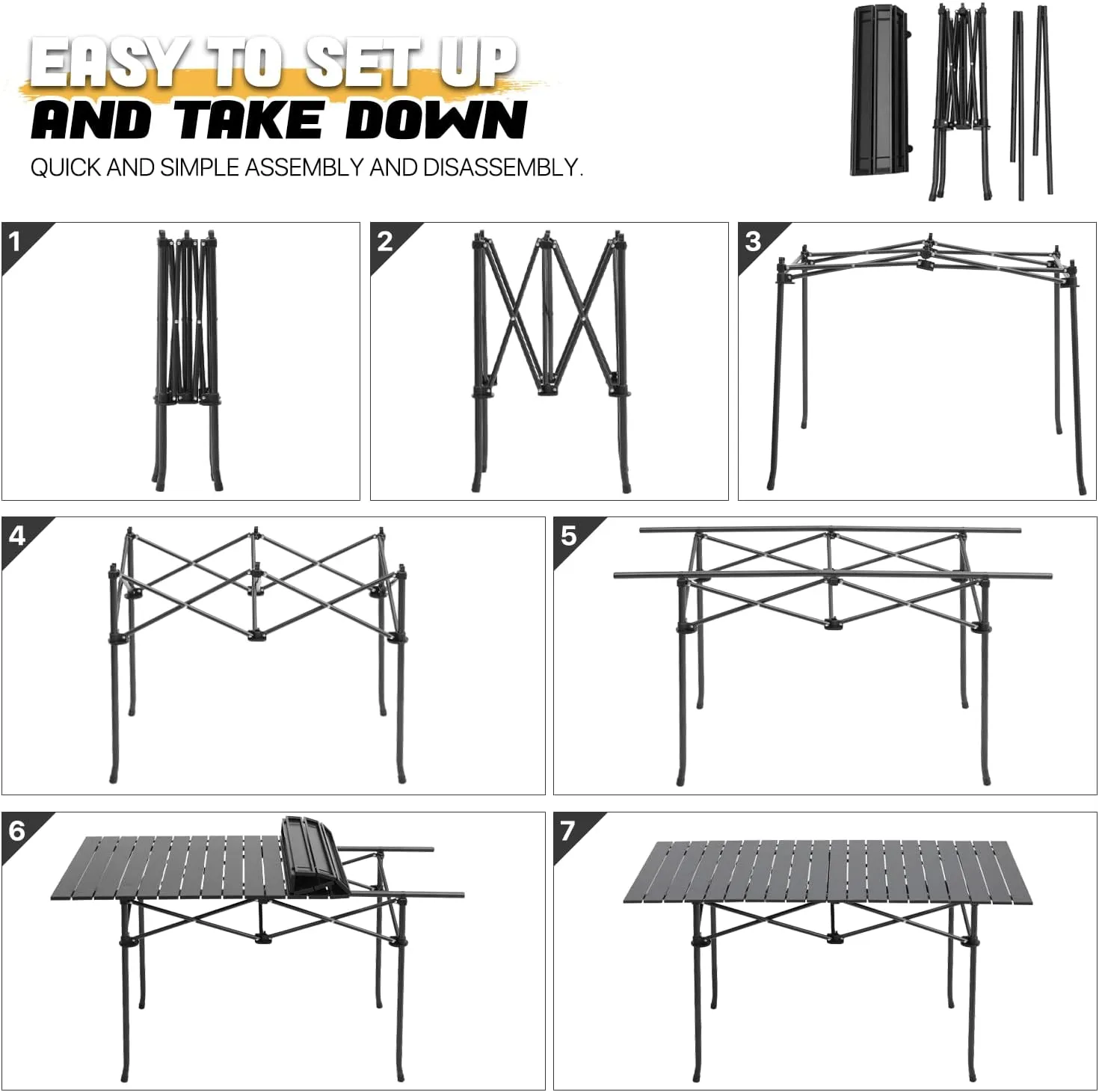 MoNiBloom Camping Table Fold Up Lightweight, 46.5" Length Outdoor Picnic Folding Roll-up Camping Tables with Easy Carrying Bag for Outdoor Beach Backyard BBQ Party Patio Use, Black